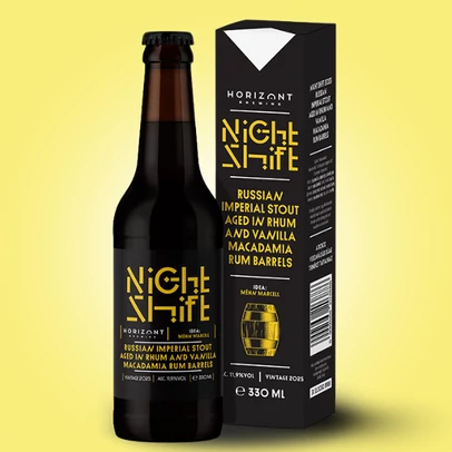 Night Shift Vintage 2025  /  Russian Imperial Stout rumos és rhumos hordóban érlelve, makadámdióval és vaníliával - 0,33l